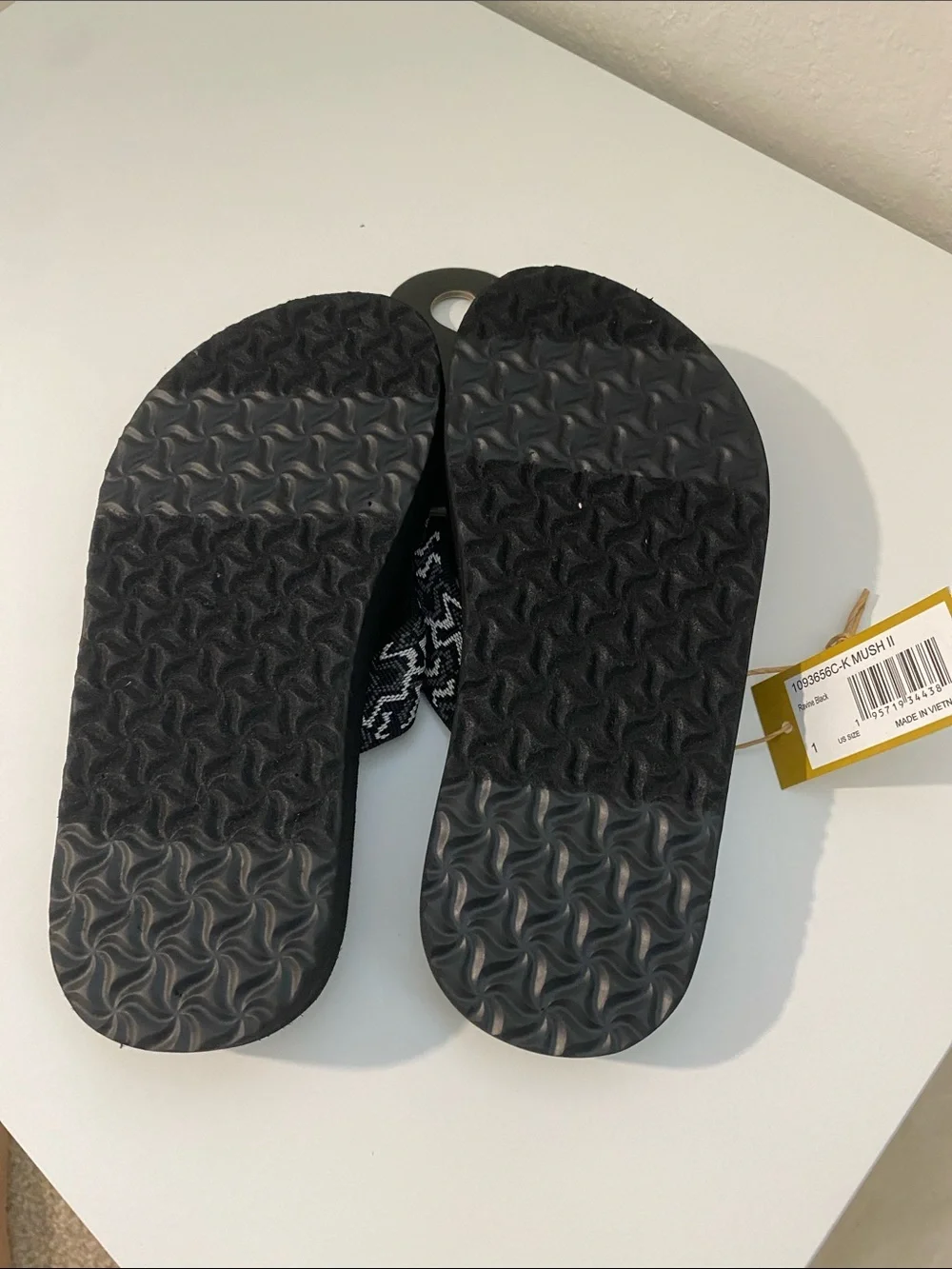 Teva Kids Mush II Black Flip Flops with White Patterned Straps